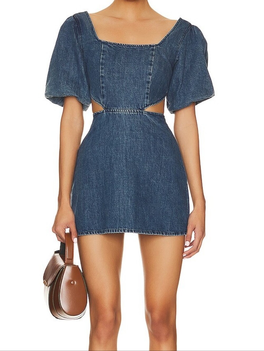 Show Me Your Mumu City Cut Out Denim Puffed Sleeve Tie Back Mini Dress Size XS